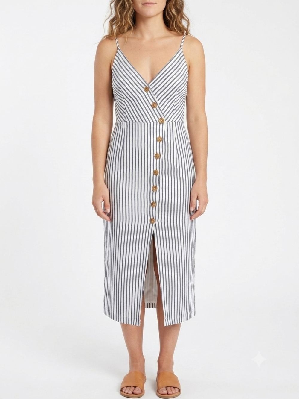 Urban Outfitters Gray and White Striped Button-Front Linen Midi Dress - Sz Small